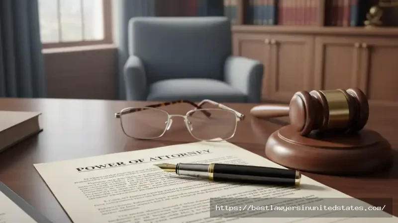 Power of Attorney document on desk with pen and gavel representing legal authority