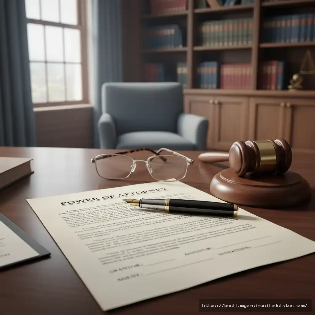Power of Attorney document on desk with pen and gavel representing legal authority