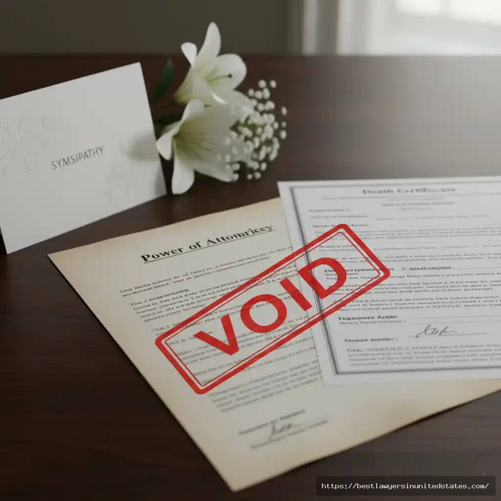 Terminated Power of Attorney document next to death certificate showing POA ends at death