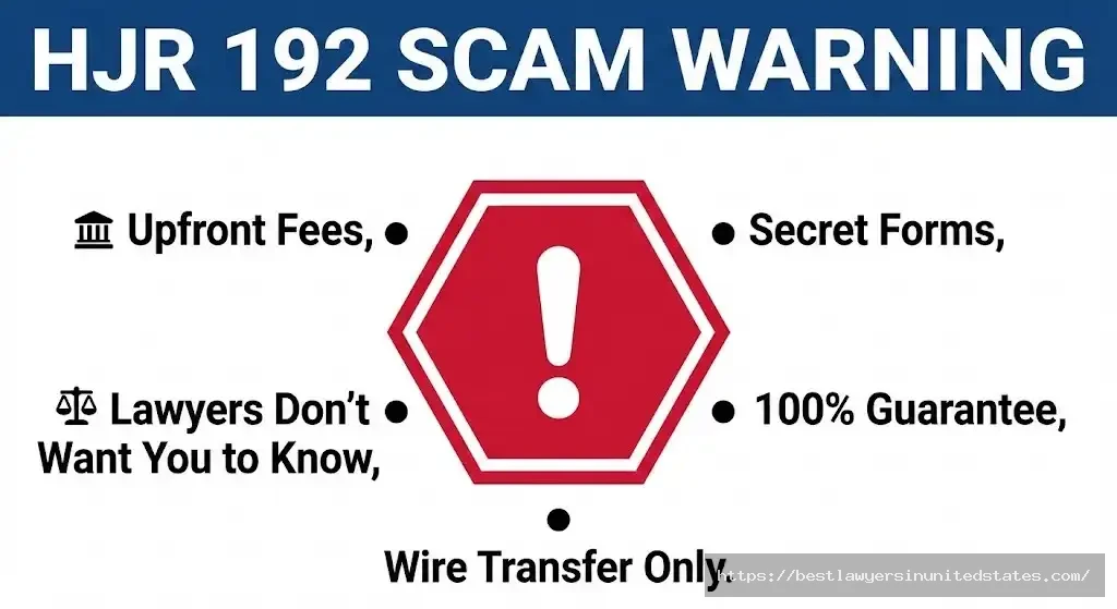Warning graphic showing red flags of HJR 192 debt elimination scams