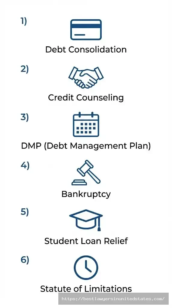 Legitimate debt relief alternatives including consolidation, counseling, and bankruptcy