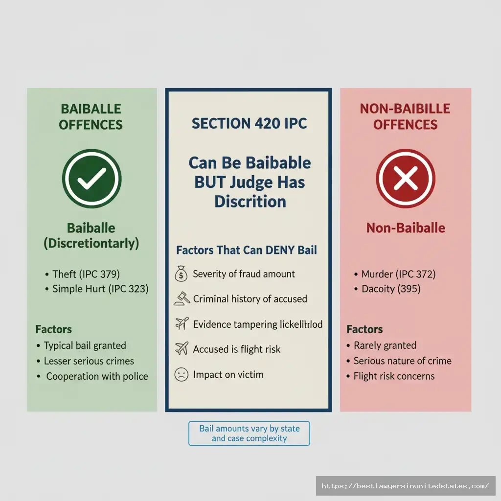 Bail status chart comparing bailable vs. non-bailable offenses in India, showing Section 420 IPC as discretionary bailable offense with factors affecting approval