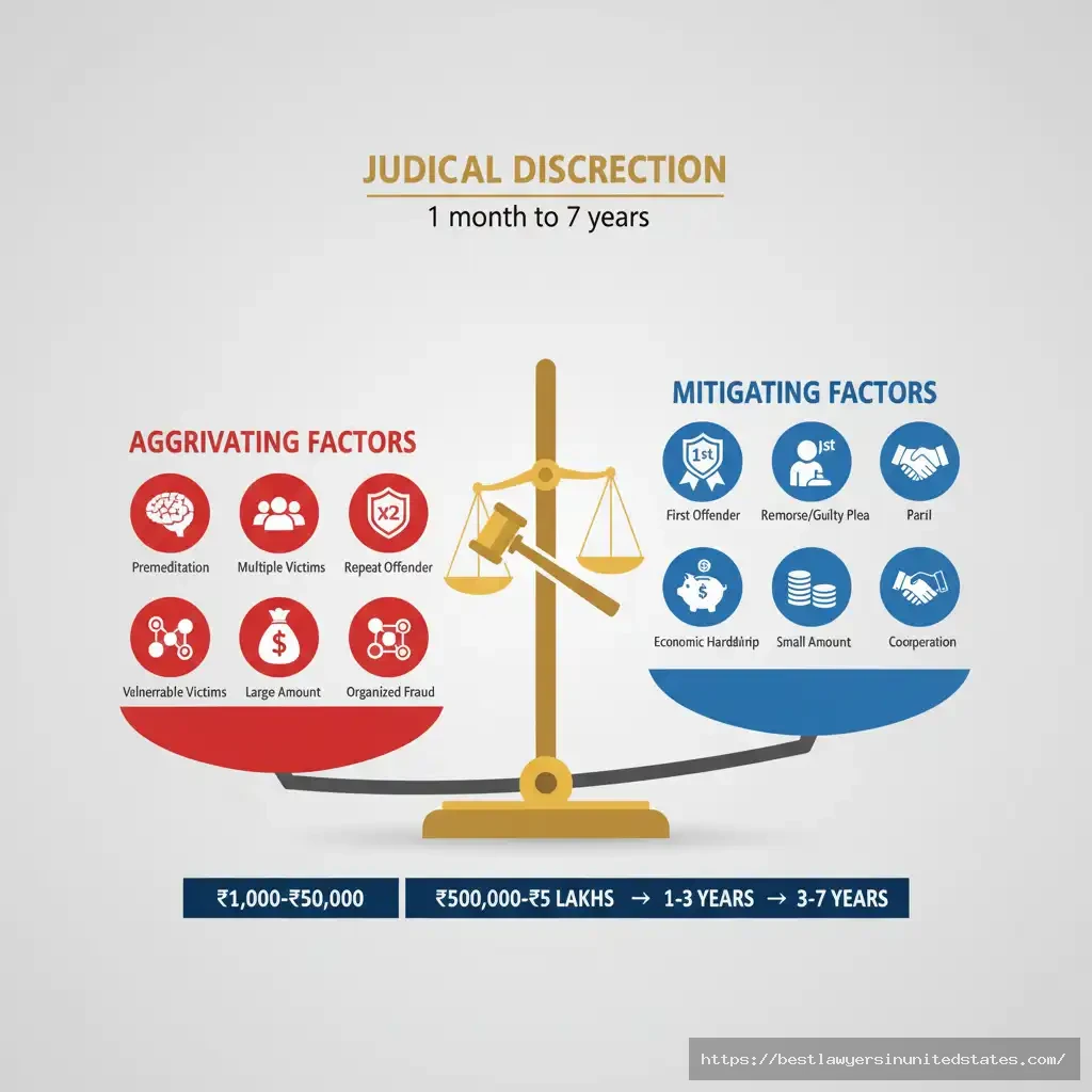 Balance scale showing aggravating factors (increasing Section 420 IPC punishment) versus mitigating factors (reducing sentence), with sentencing brackets by fraud amount