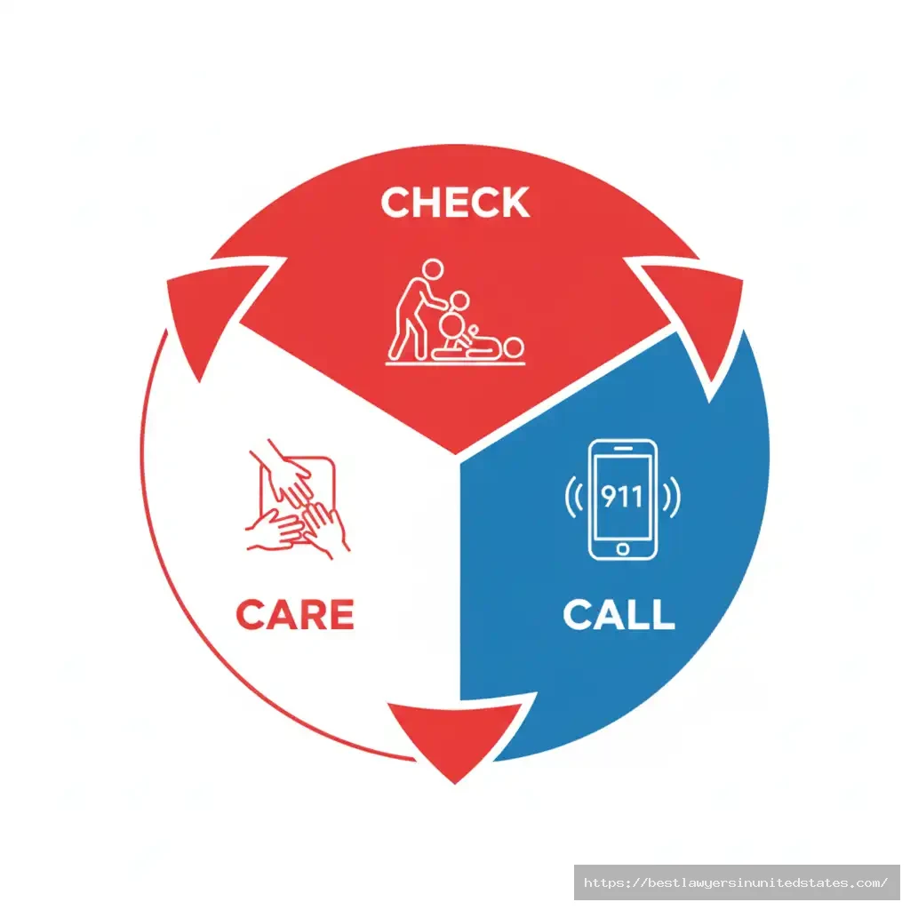 Check-Call-Care protocol showing three emergency response steps: assess safety, activate 911, provide care