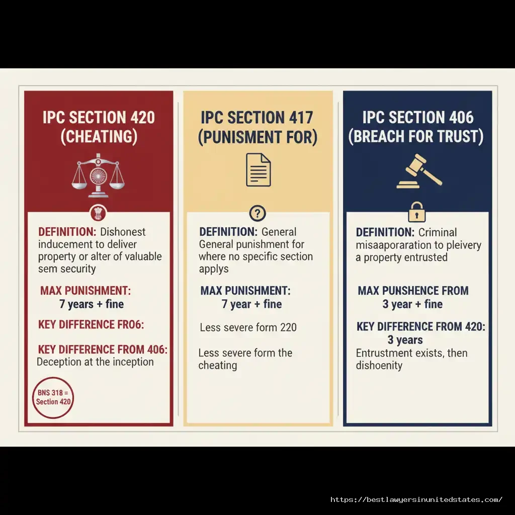 Comparison infographic of IPC Section 420 (Cheating), IPC 406 (Criminal Breach of Trust), and IPC 417 (Punishment for Cheating) showing definitions and maximum punishments