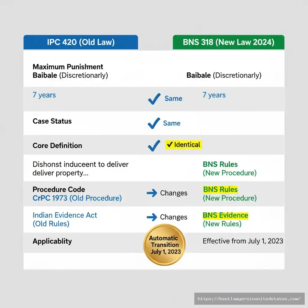 Comparison table showing differences between IPC Section 420 and BNS Section 318, including punishment, bail status, procedure codes, and effective date of transition