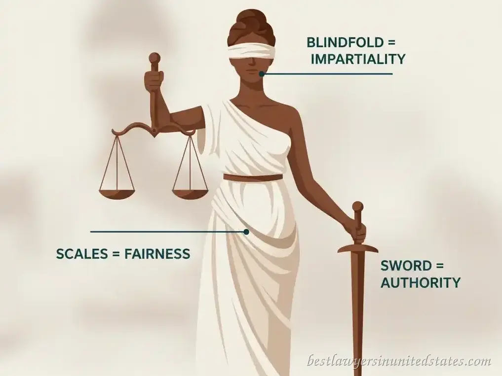 Illustration of Lady Justice with scales, sword, and blindfold explaining symbolism