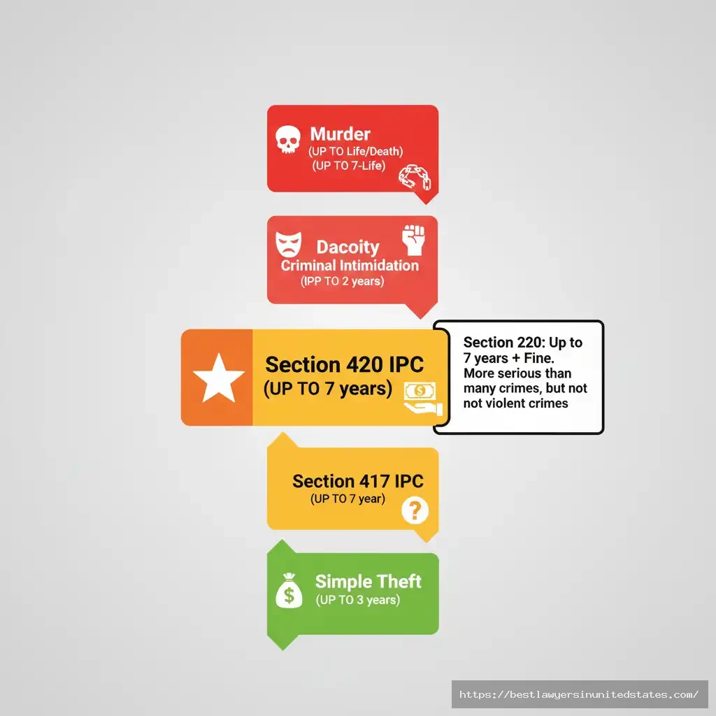 Indian criminal offense severity scale showing Section 420 IPC punishment (up to 7 years) compared to murder, rape, dacoity, and other crimes