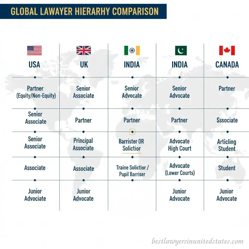 Infographic comparing lawyer hierarchy and legal titles by country
