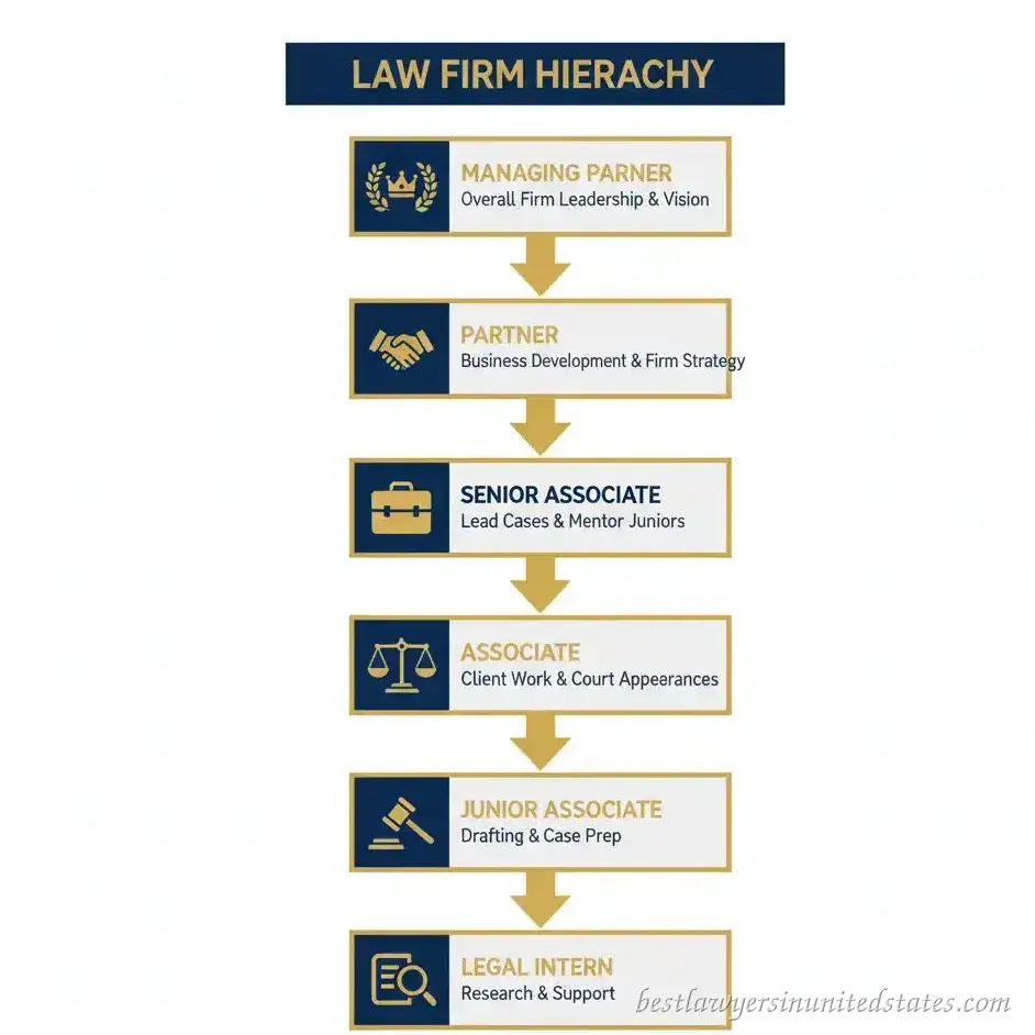 Infographic showing hierarchy of lawyers from intern to managing partner in a law firm