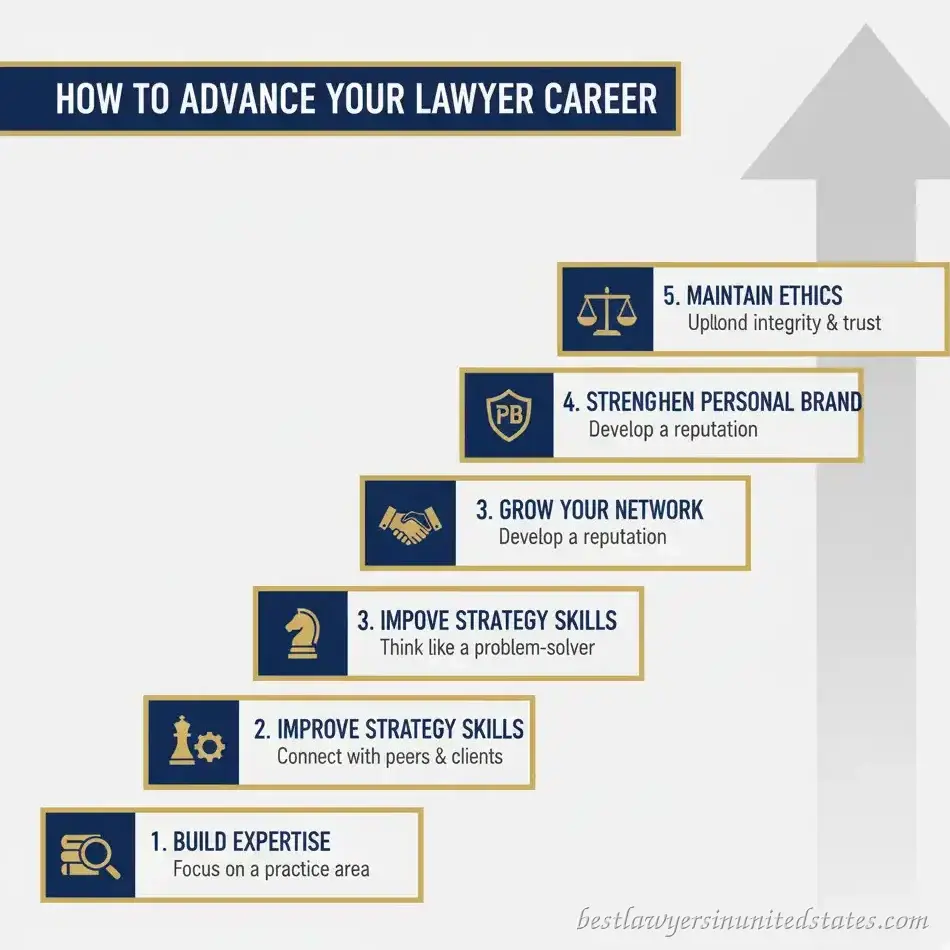 Infographic showing steps to move up the lawyer scale and advance a legal career