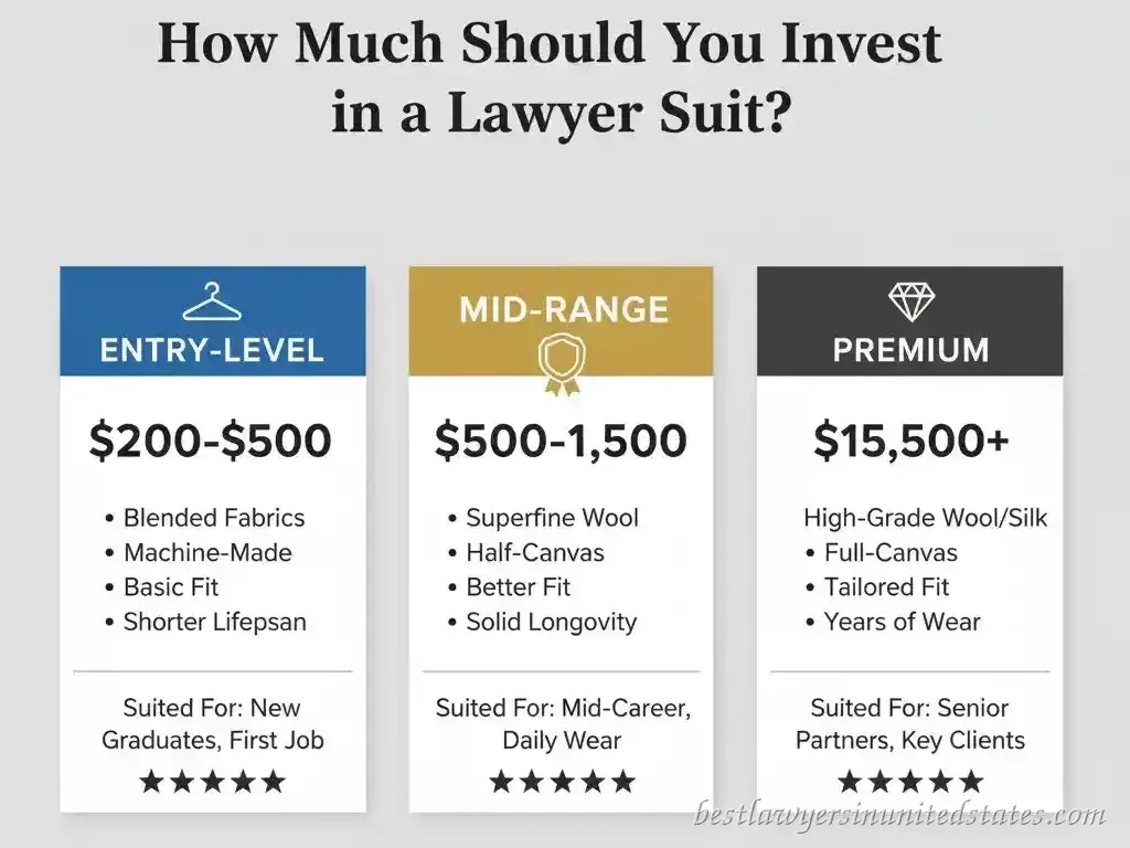 Lawyer suit cost guide - price ranges and quality comparison infographic