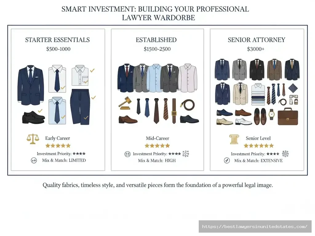 Lawyer wardrobe investment guide infographic - building professional attire by career stage