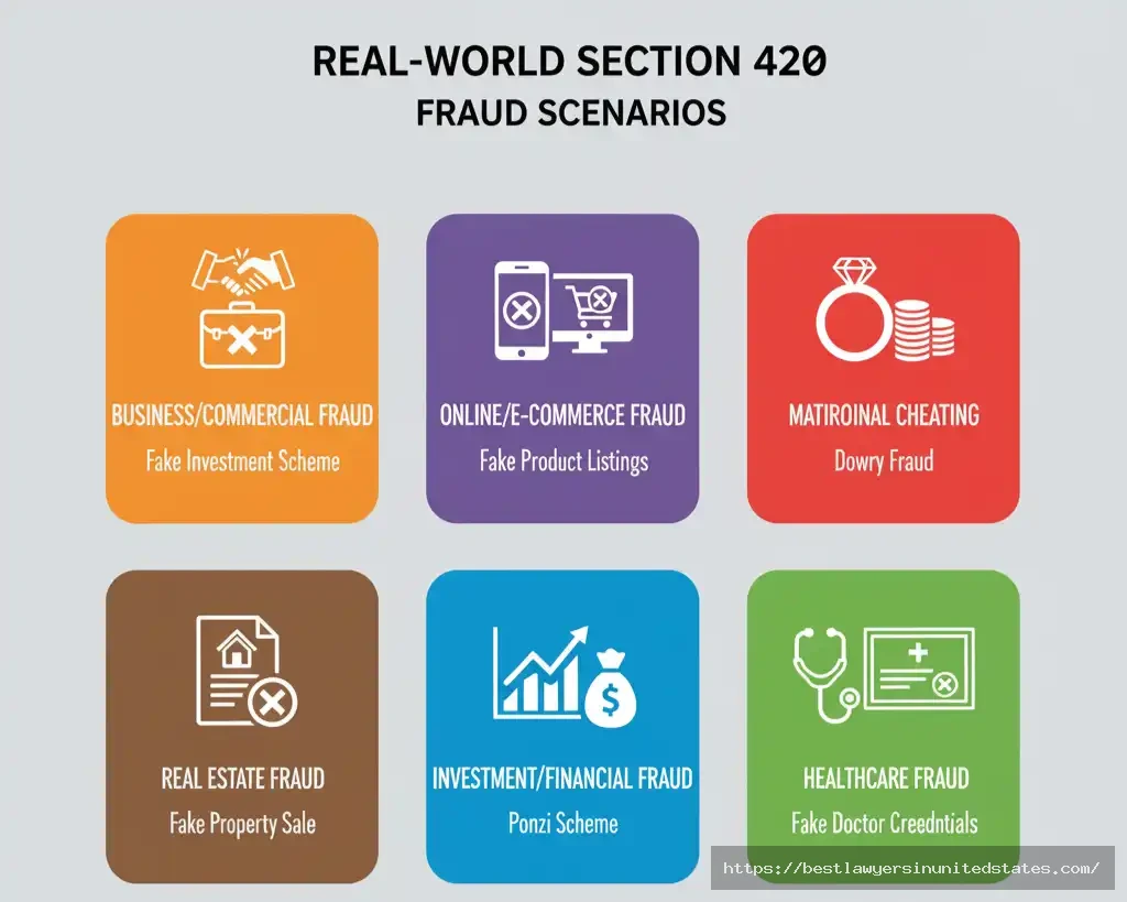 Six real-world Section 420 IPC scenarios including business fraud, online fraud, matrimonial cheating, real estate fraud, investment fraud, and healthcare fraud