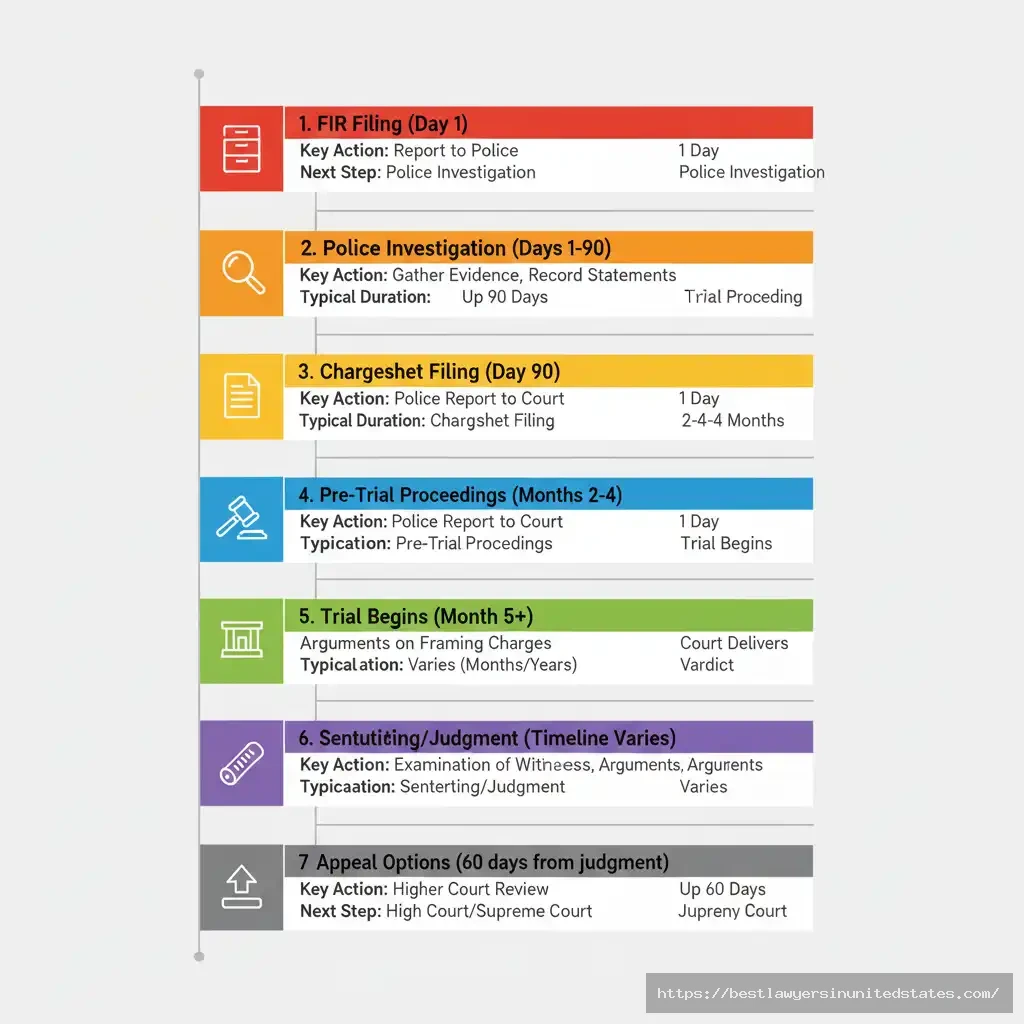 Timeline showing Section 420 IPC case procedure from FIR filing through investigation, chargesheet, trial, and judgment, with estimated durations for each stage