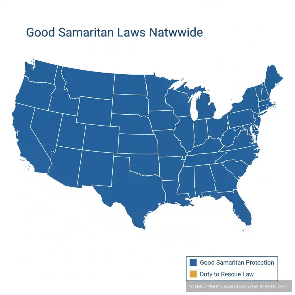 United States map showing Good Samaritan law protection in all 50 states with duty to rescue states highlighted