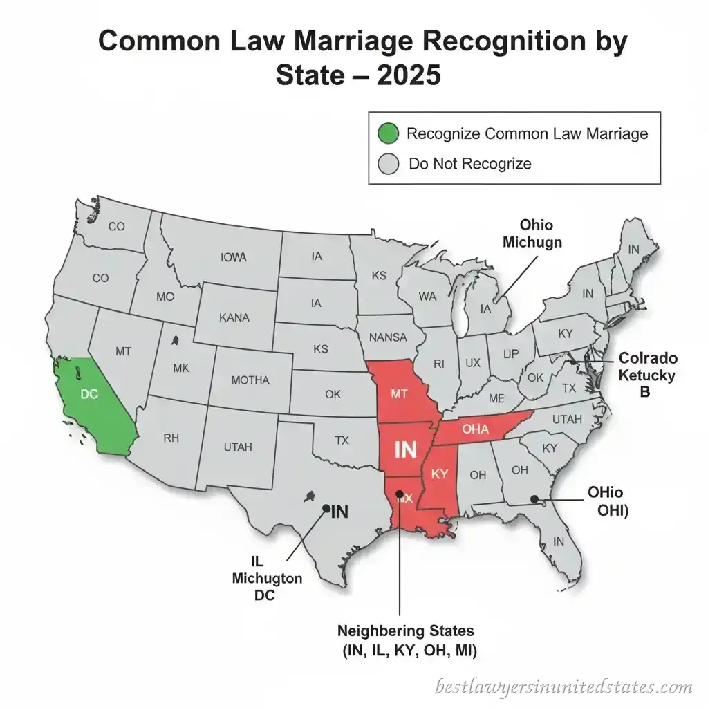 Map showing states that recognize common law marriage in 2025