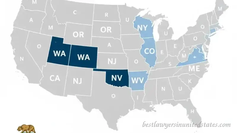United States map infographic showing which states recognize domestic partnerships in 2025 with California, Oregon, Washington, New Jersey, Nevada, and Wisconsin highlighted in dark blue for full recognition