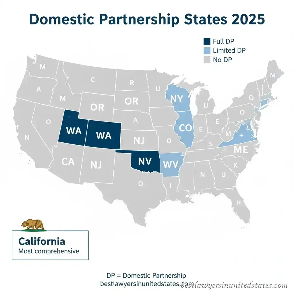 United States map infographic showing which states recognize domestic partnerships in 2025 with California, Oregon, Washington, New Jersey, Nevada, and Wisconsin highlighted in dark blue for full recognition