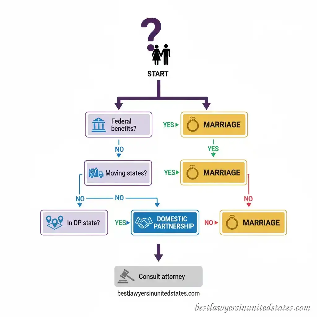 Decision flowchart infographic helping couples choose between marriage or domestic partnership based on federal benefits needs, relocation plans, and state eligibility requirements