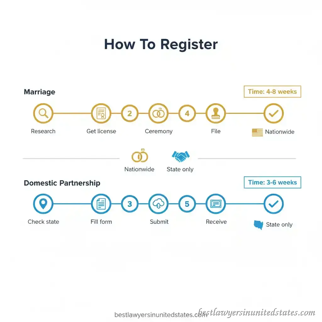 Step-by-step timeline infographic comparing the registration process for marriage versus domestic partnership showing five stages from research to completion with timeframes of 4-8 weeks and 3-6 weeks respectively