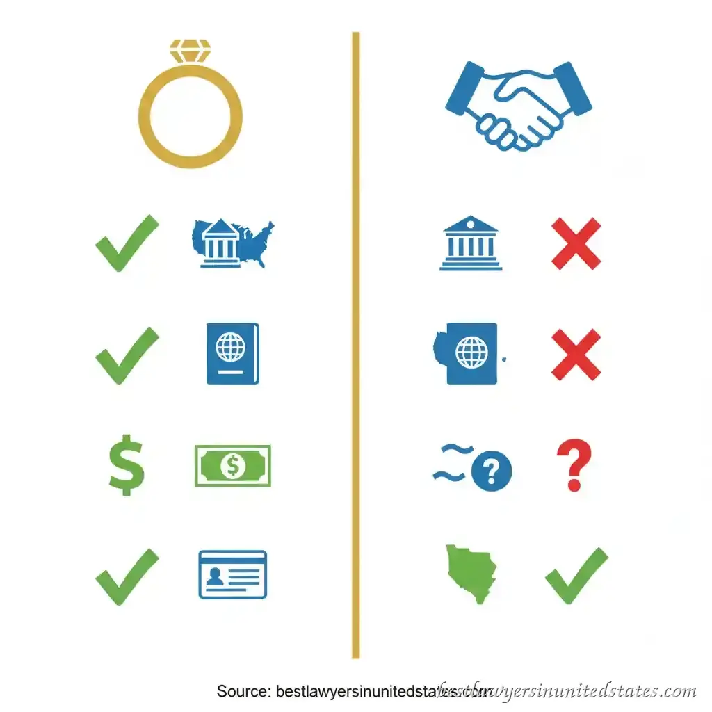 Side-by-side comparison infographic showing key differences between marriage and domestic partnership including federal recognition, tax benefits, Social Security, immigration rights, and interstate portability