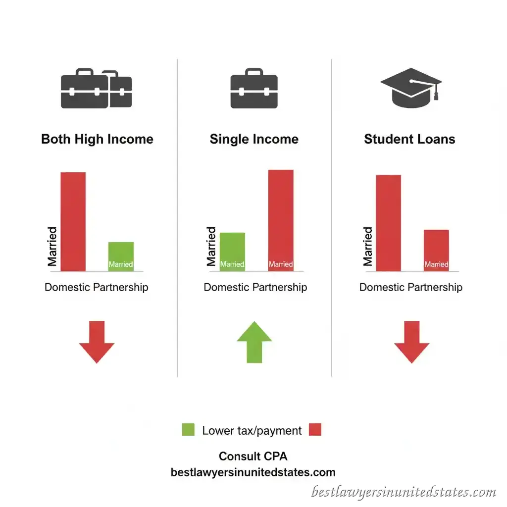 Tax implications comparison chart showing three income scenarios with bar graphs illustrating marriage tax penalty for high earners and marriage bonus for single-income households versus domestic partnership