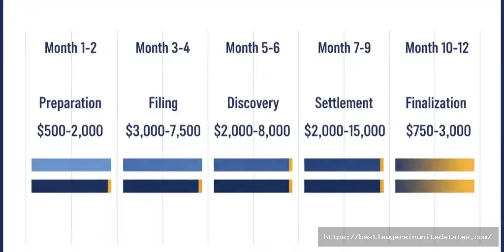 12-month California divorce budget timeline showing costs from $500 preparation phase to $15,000 peak during settlement negotiations