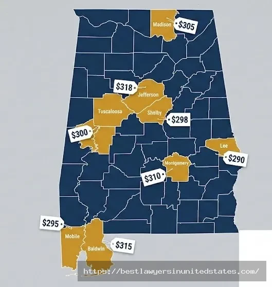 Alabama county map showing divorce filing fees ranging from $262 to $318 across major counties including Jefferson, Madison, Mobile and Montgomery in 2026