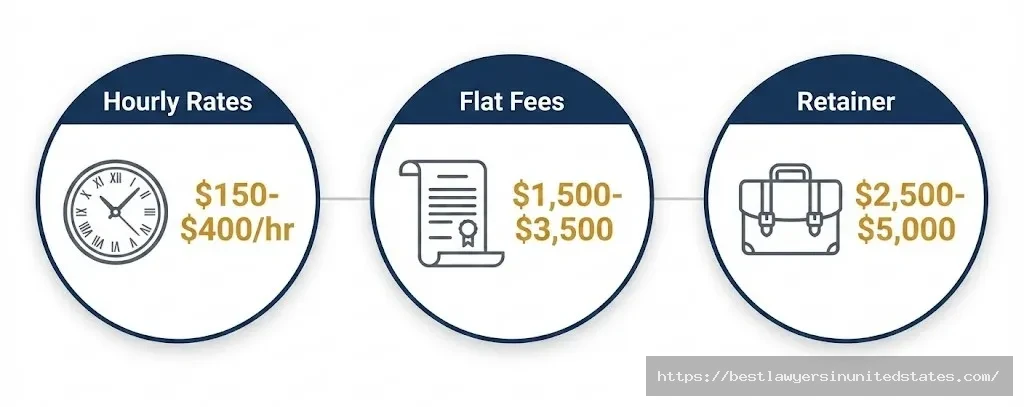 Alabama divorce attorney fee structures showing hourly rates of $150-400, flat fees of $1500-3500, and retainer requirements of $2500-5000 in 2026