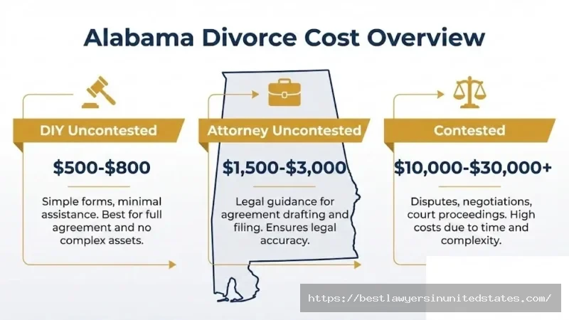 Alabama divorce cost comparison showing uncontested DIY for $500-800, attorney-assisted for $1500-3000, and contested divorce for $10000-30000 in 2026
