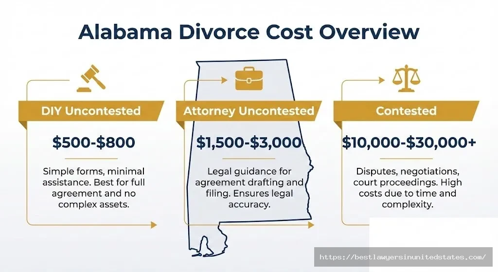 Alabama divorce cost comparison showing uncontested DIY for $500-800, attorney-assisted for $1500-3000, and contested divorce for $10000-30000 in 2026