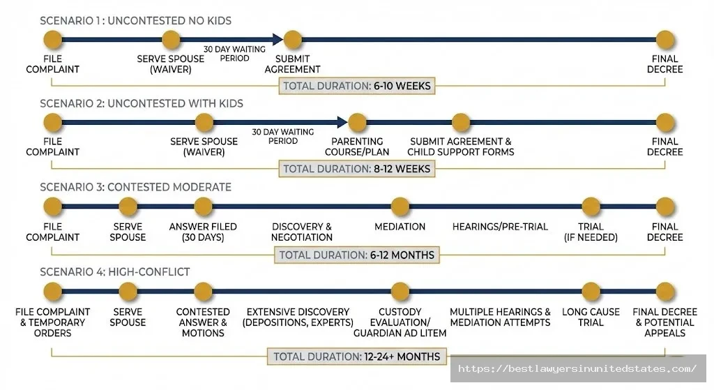 Alabama divorce timeline showing uncontested cases take 6-12 weeks while contested divorces with custody battles take 12-24 months