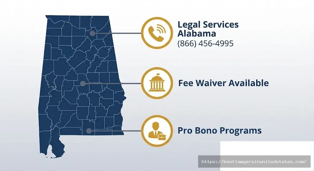 Alabama legal aid resources map showing Legal Services Alabama hotline, fee waiver availability at courthouses, and pro bono attorney programs for low-income residents