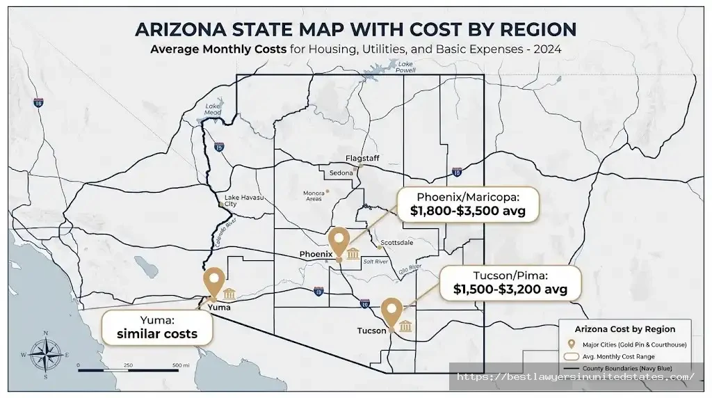 Arizona divorce cost map showing average prices in Phoenix, Tucson, and Yuma with location-specific filing fees