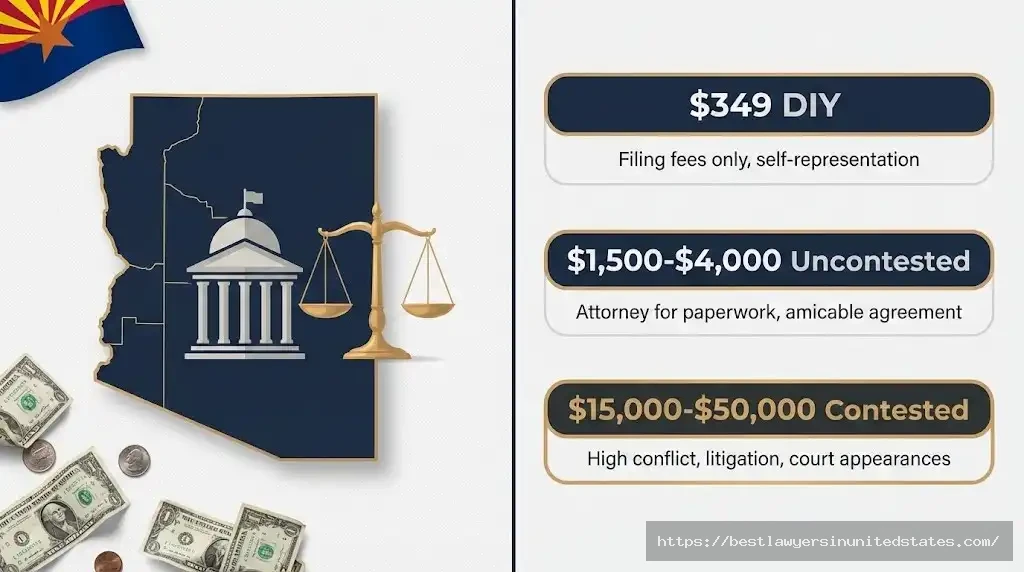 Arizona divorce cost ranges from $349 DIY to $50,000 contested with state outline and cost breakdown infographic