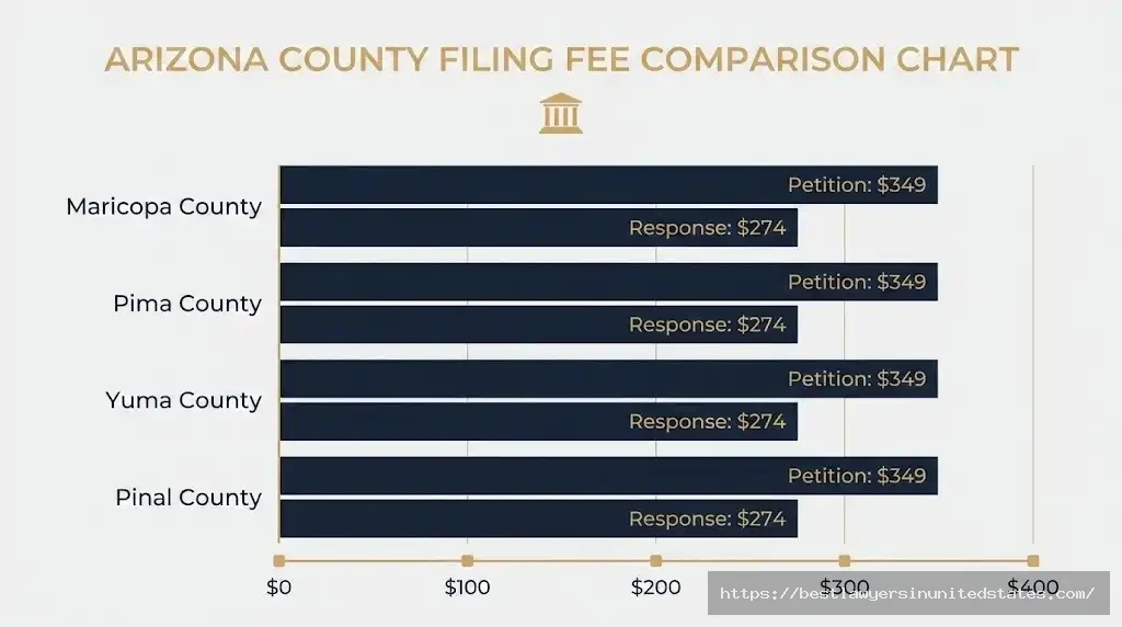 Arizona divorce filing fees by county chart showing $349 petition and $274 response fees across major counties