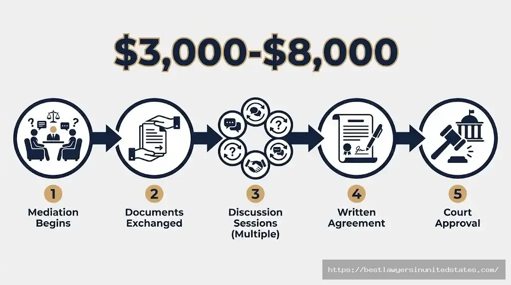 Arizona divorce mediation process flow diagram showing five steps from initial session to court approval with cost estimate