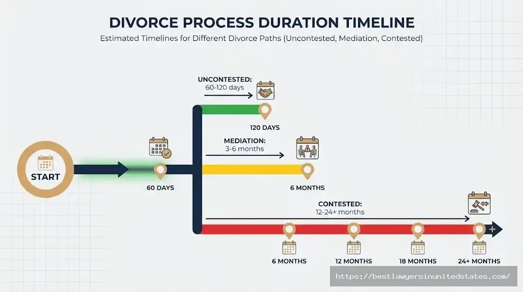 Arizona divorce timeline showing 60-day minimum wait and typical durations for uncontested, mediated, and contested divorces