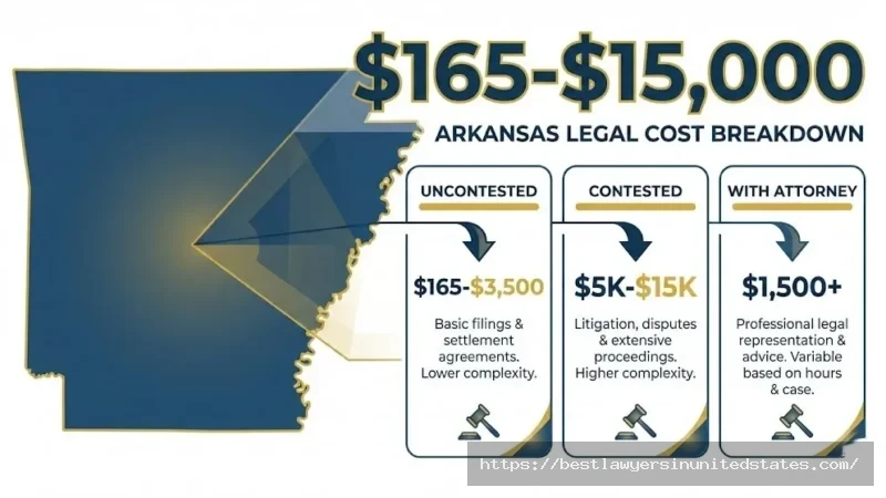 Arkansas divorce cost breakdown infographic showing filing fees and attorney costs ranging from $165 to $15,000