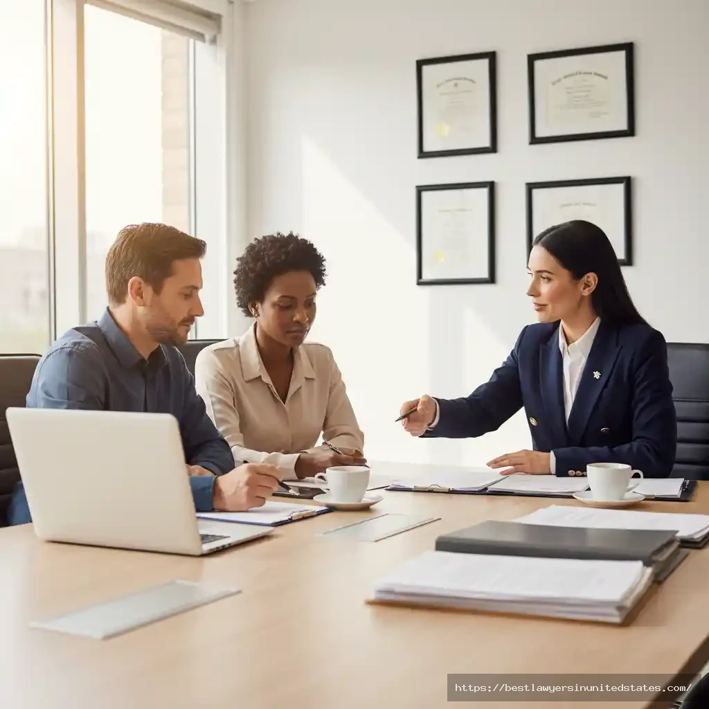 Attorney consulting with couple about contested divorce costs and legal options in professional office setting