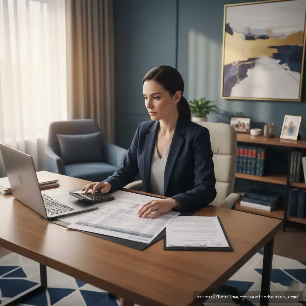 Attorney reviewing billing sheet and divorce legal costs at a desk