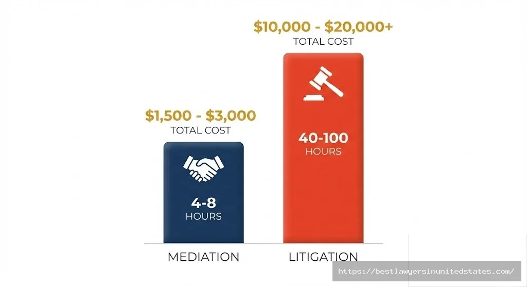 Bar chart comparing Alabama divorce mediation costing $1500-3000 and taking 4-8 hours versus litigation costing $10000-20000 and taking 40-100 hours