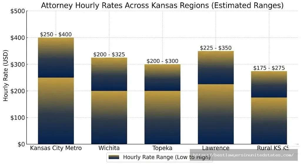 Bar chart comparing Kansas divorce attorney hourly rates by region ranging from $175-$400 per hour