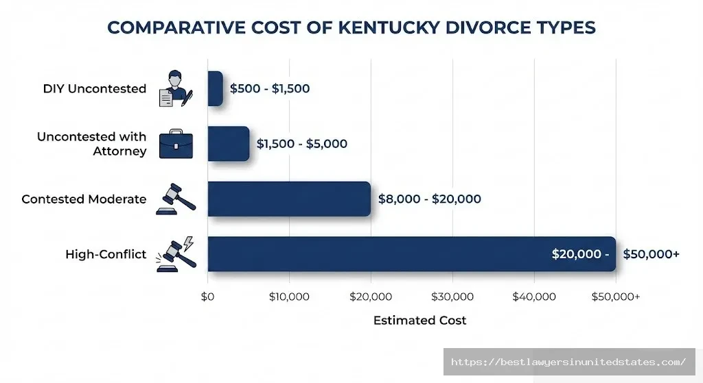 Bar chart comparing Kentucky divorce costs by type from DIY uncontested to high-conflict contested divorcesd