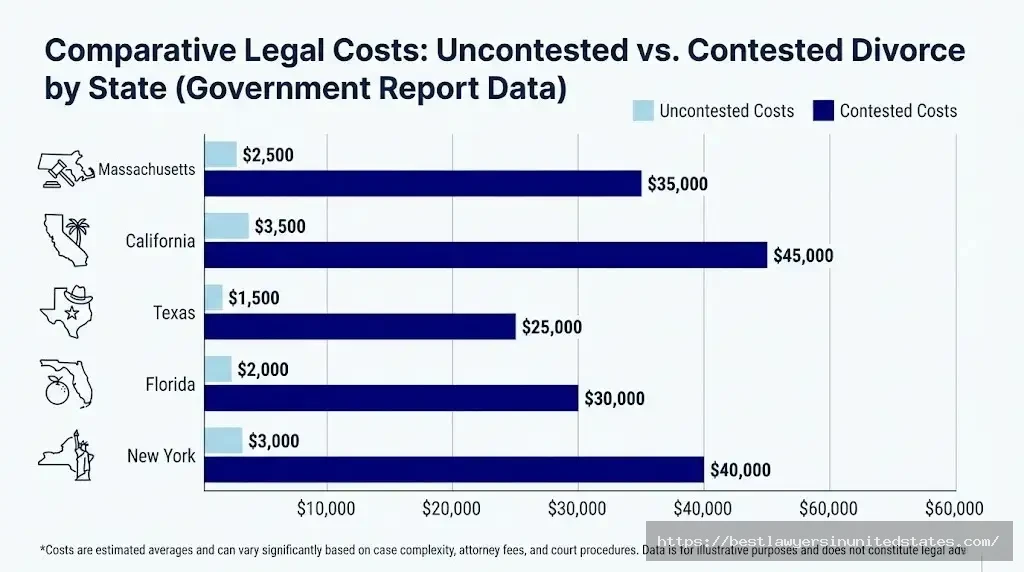 Bar chart comparing Massachusetts divorce costs to California, Texas, Florida, and New York showing MA in moderate-to-high range