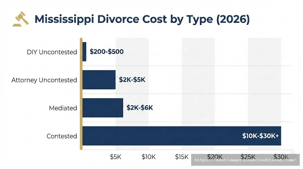 Bar chart comparing Mississippi divorce costs by type from $200 DIY uncontested to $30,000 contested divorce in 2026