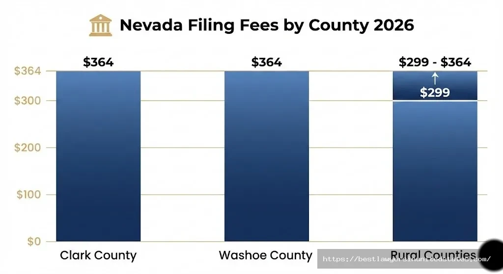 Bar chart comparing Nevada divorce filing fees by county in 2026 - Clark County, Washoe County, and rural areas