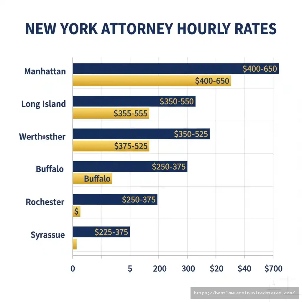 Bar chart comparing New York divorce attorney hourly rates by region from Manhattan at $400-$650hour to Syracuse at $225-$375hour