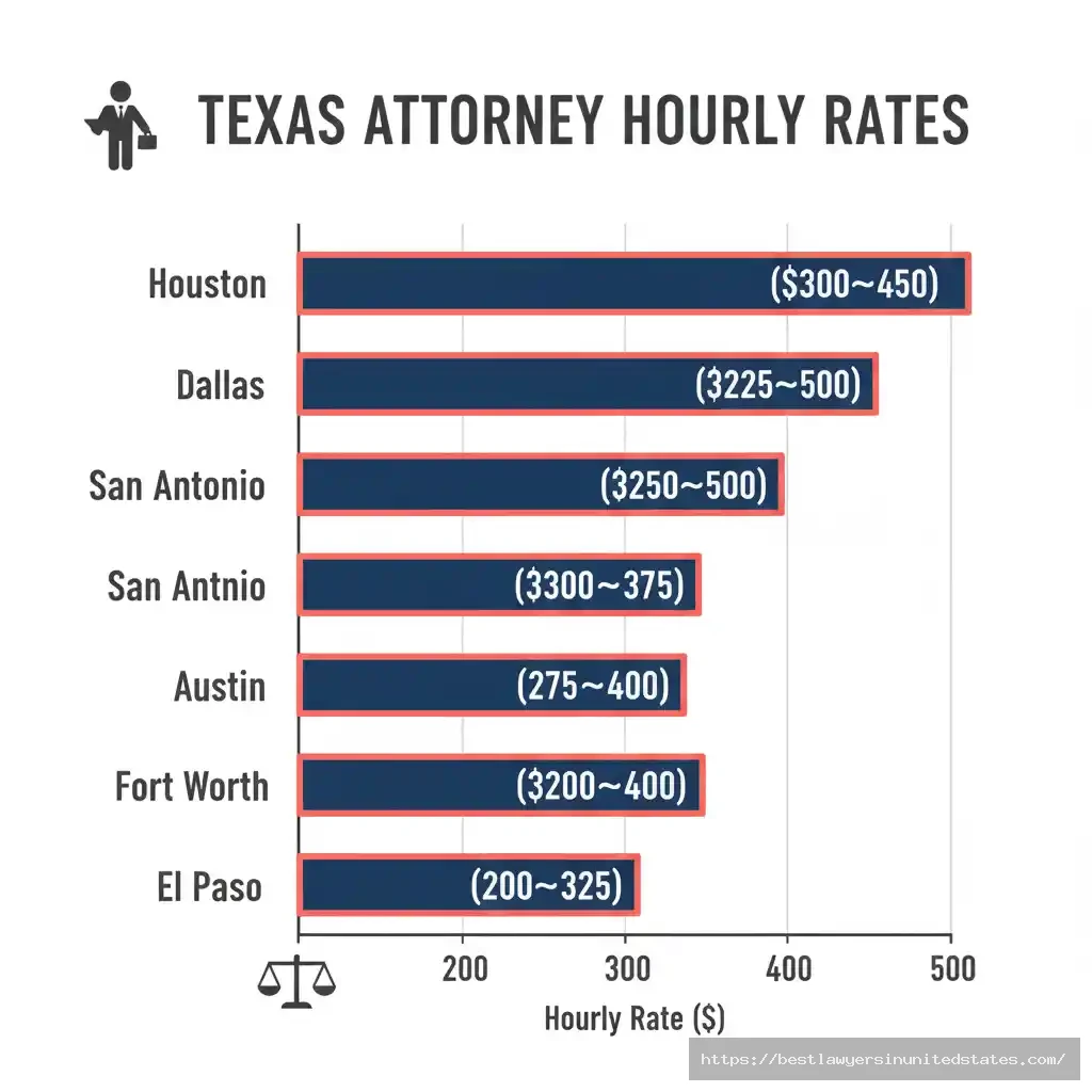 Bar chart comparing Texas divorce attorney hourly rates across Houston, Dallas, San Antonio, Austin, Fort Worth, and El Paso